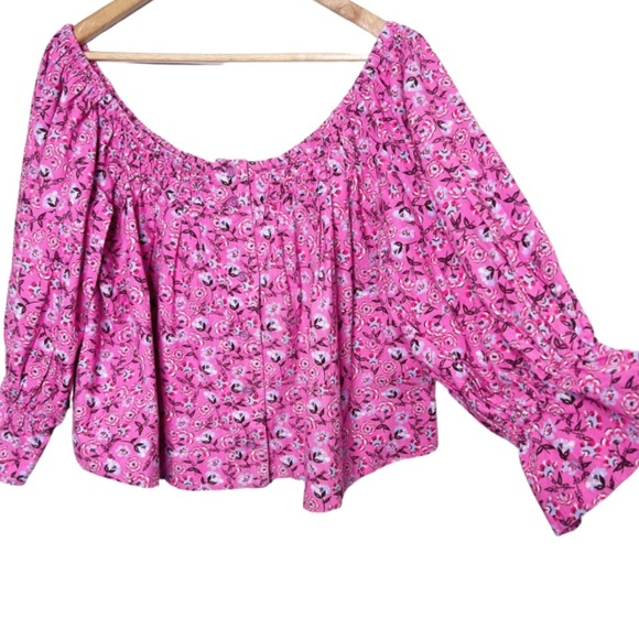 Free People Women's James Smock Pink Floral Quarter Sleeve Cropped Button Blouse - Picture 5 of 16